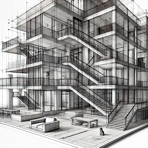 3d-visualisierung-architektur-detailliert-effektarium Skizzenhafte 3D-Visualisierung eines modernen Architekturgebäudes mit Treppen und offenen Strukturen.