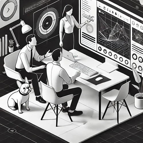 3d-visualisierung-kreative-planung-effektarium Teammeeting mit 3D-Darstellungen auf einem Monitor und kreativer Zusammenarbeit.