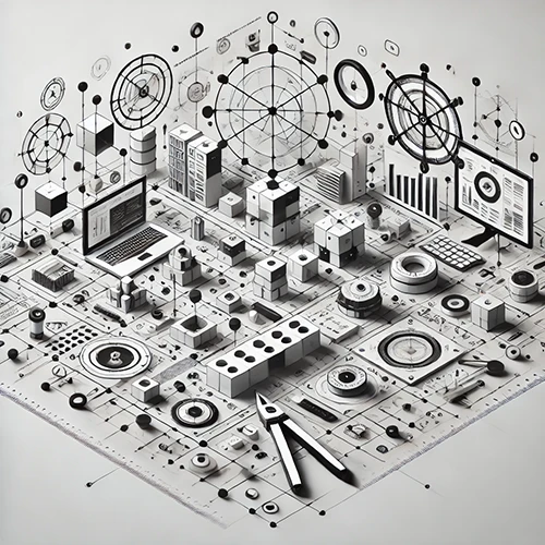 3d-visualisierung-technik-design-effektarium Schwarz-weiße technische Darstellung eines 3D-Designprozesses mit verschiedenen Elementen.
